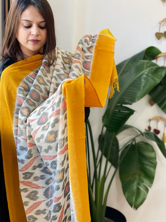 White, Yellow Handwoven Ikat Dupatta in Cotton