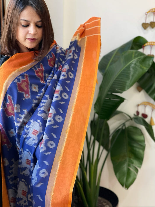 Blue, Orange Handwoven Ikat Dupatta in Cotton