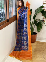 Blue, Orange Handwoven Ikat Dupatta in Cotton