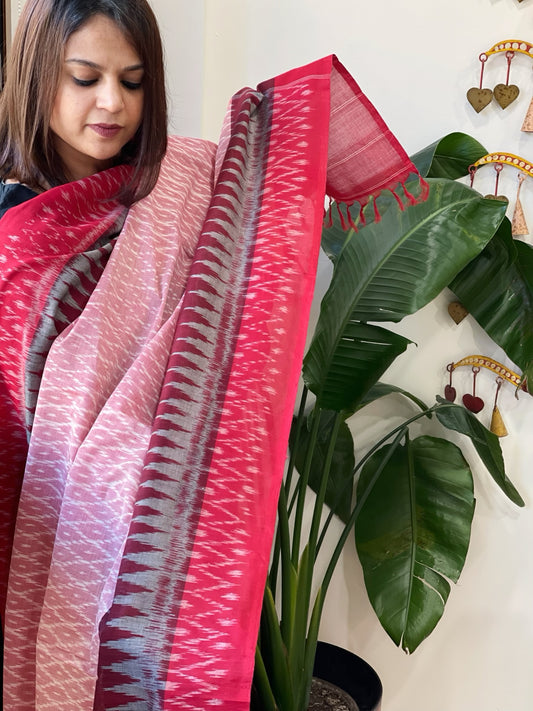 Pink, Red Handwoven Ikat Dupatta in Cotton