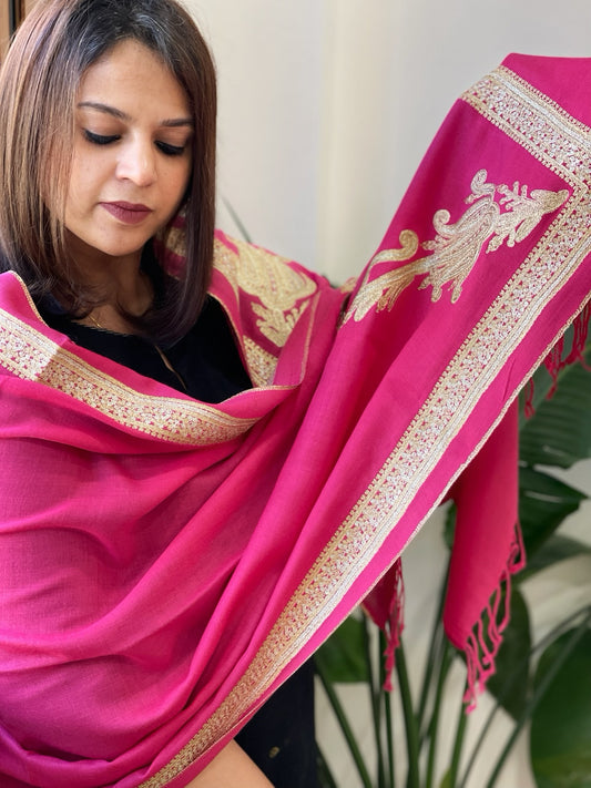 Hot Pink Woven Pashmina Stole with Aari Embroidery