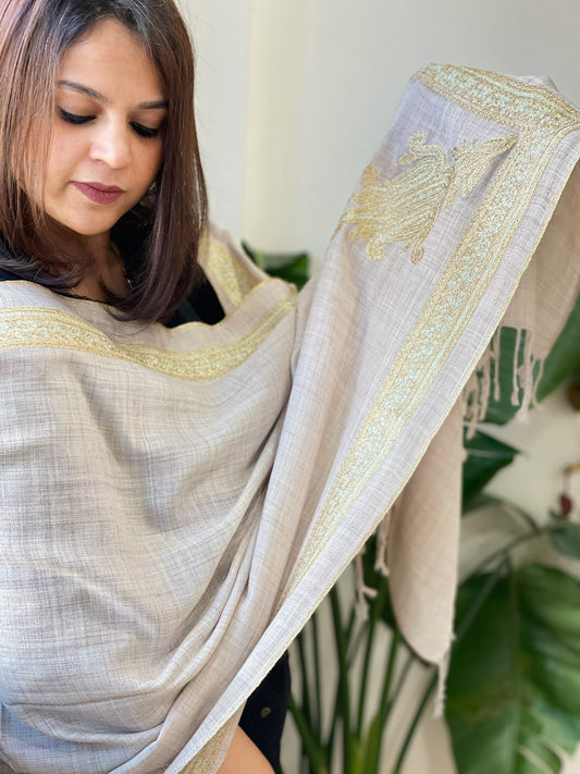 Brownish Grey Woven Pashmina Stole with Aari Embroidery