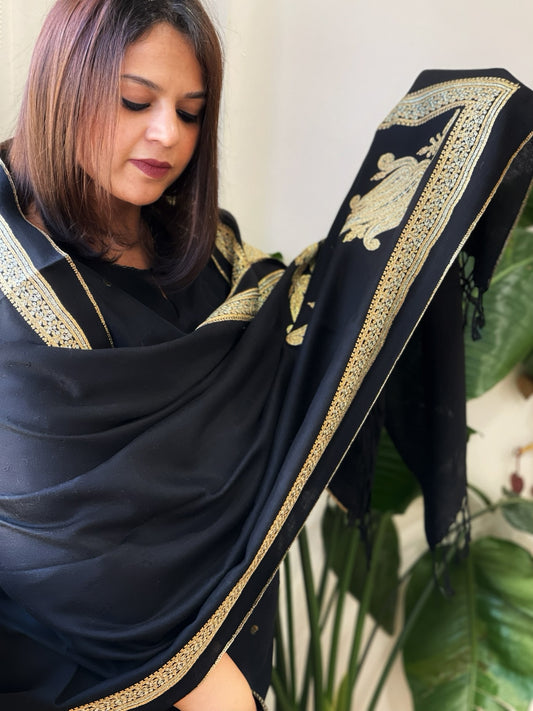 Black Woven Pashmina Stole with Aari Embroidery