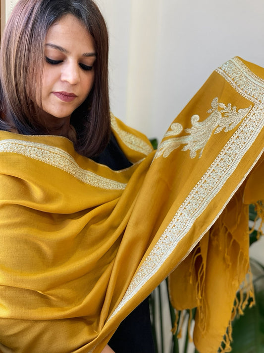 Mustard Yellow Woven Pashmina Stole with Aari Embroidery
