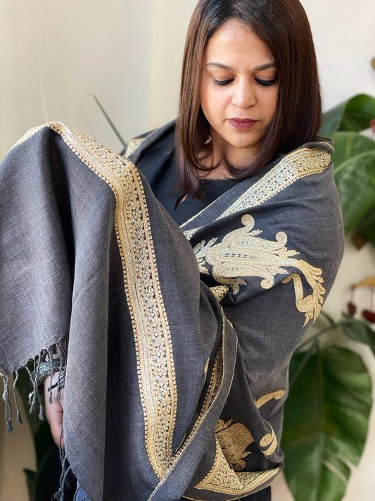 Dark Grey Woven Pashmina Stole with Aari Embroidery