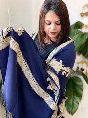 Navy Woven Pashmina Stole with Aari Embroidery