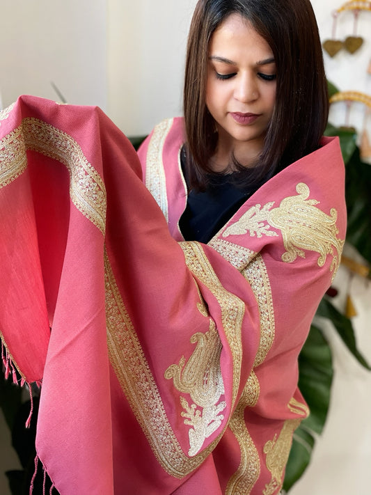 Pink Woven Pashmina Stole with Aari Embroidery