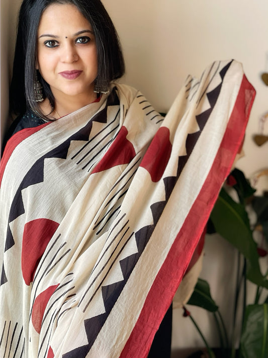 Beige Handblock printed dupatta in Mul Cotton