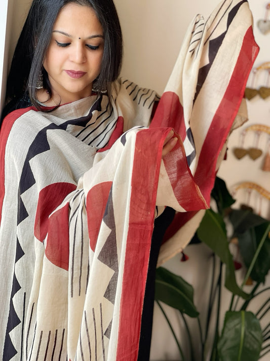 Beige Handblock printed dupatta in Mul Cotton