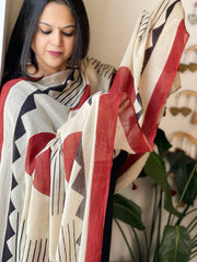 Beige Handblock printed dupatta in Mul Cotton