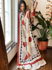 Beige Handblock printed dupatta in Mul Cotton