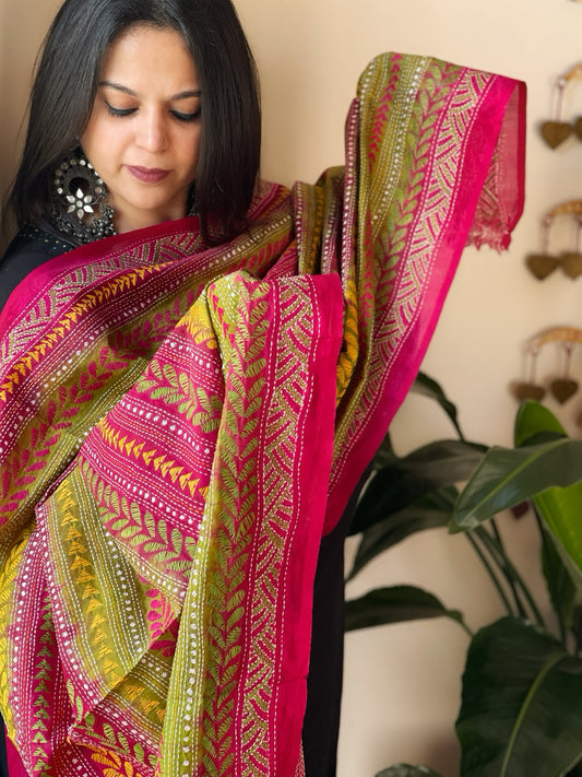 Green, Pink Handmade Kantha Dupatta in Silk