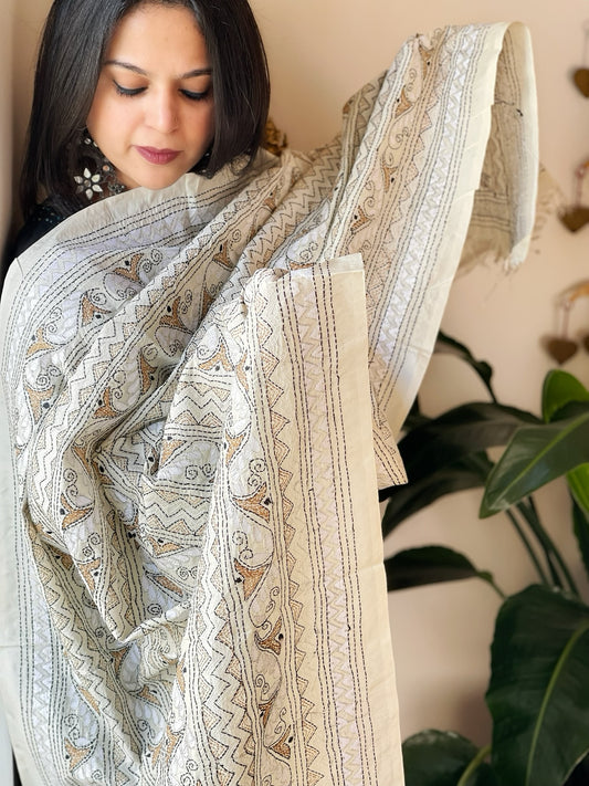 White Handmade Kantha Dupatta in Silk