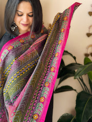 Green, Pink Handmade Kantha Dupatta in Silk