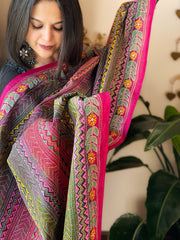 Green, Pink Handmade Kantha Dupatta in Silk