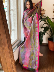 Green, Pink Handmade Kantha Dupatta in Silk