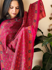 Red, Pink Handmade Kantha Dupatta in Silk