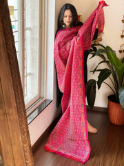 Red, Pink Handmade Kantha Dupatta in Silk