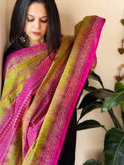 Green, Pink Handmade Kantha Dupatta in Silk