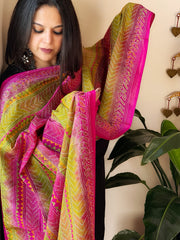 Green, Pink Handmade Kantha Dupatta in Silk