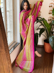 Green, Pink Handmade Kantha Dupatta in Silk