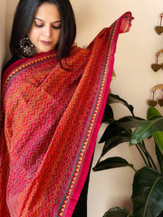 Red, Orange Handmade Kantha Dupatta in Silk