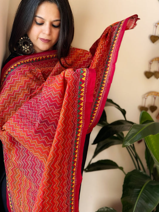 Red, Orange Handmade Kantha Dupatta in Silk