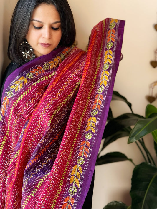 Pink, Purple Handmade Kantha Dupatta in Silk