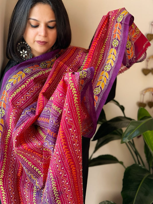 Pink, Purple Handmade Kantha Dupatta in Silk