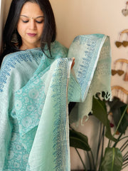 Aqua Blue Pure Linen Handblock Printed Dupatta