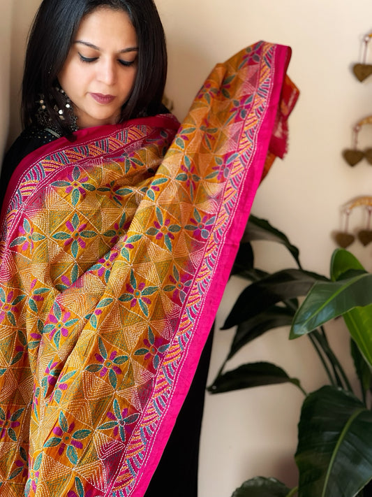 Pink, Yellow Handmade Kantha Dupatta in Silk