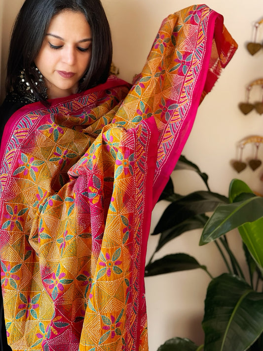 Pink, Yellow Handmade Kantha Dupatta in Silk