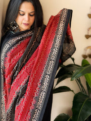 Black, Red Handmade Kantha Dupatta in Silk