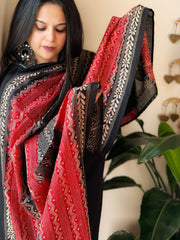 Black, Red Handmade Kantha Dupatta in Silk