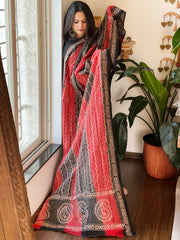 Black, Red Handmade Kantha Dupatta in Silk