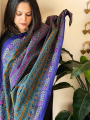 Blue, Green Handmade Kantha Dupatta in Silk