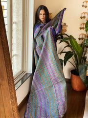 Blue, Green Handmade Kantha Dupatta in Silk