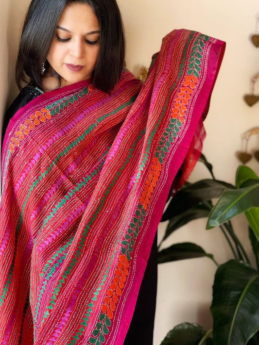 Pink, Orange Handmade Kantha Dupatta in Silk