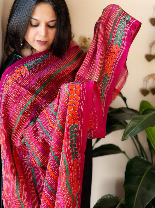 Pink, Orange Handmade Kantha Dupatta in Silk