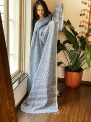 Powder Blue Pure Linen Handblock Printed Dupatta