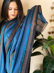 Blue, Black Handmade Kantha Dupatta in Silk