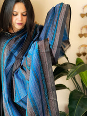 Blue, Black Handmade Kantha Dupatta in Silk