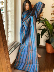 Blue, Black Handmade Kantha Dupatta in Silk