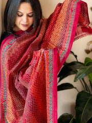 Orange, Red Handmade Kantha Dupatta in Silk