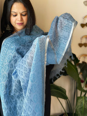 Dark Powder Blue Pure Linen Handblock Printed Dupatta