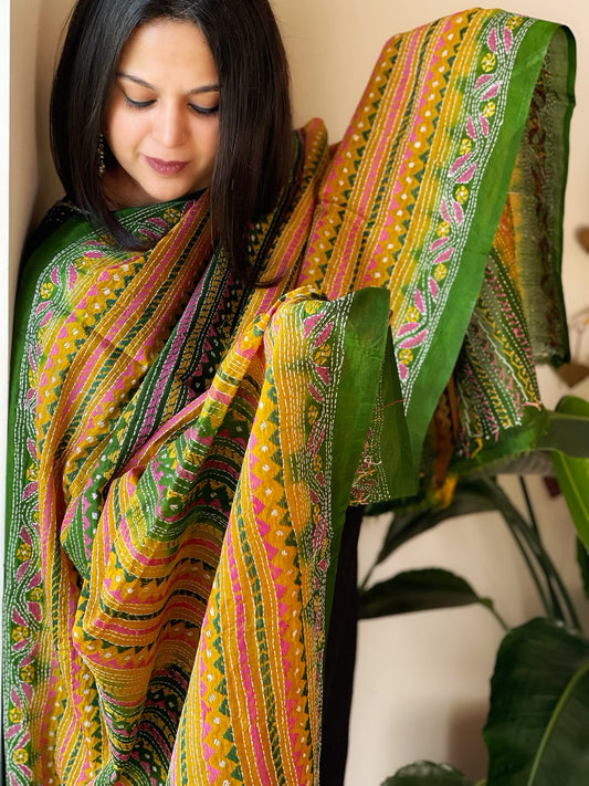 Mustard, Green Handmade Kantha Dupatta in Silk