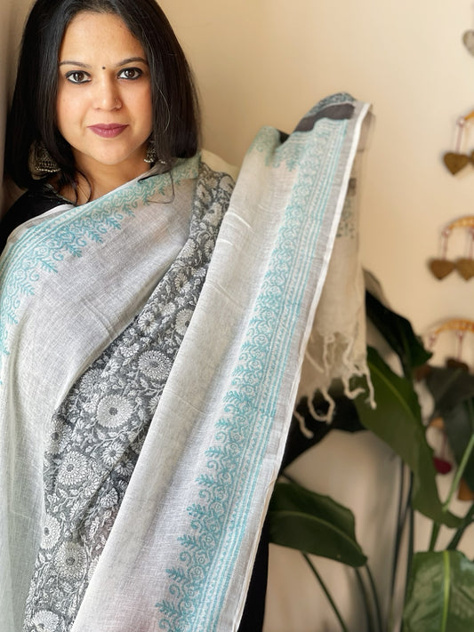 Off-White Pure Linen Handblock Printed Dupatta