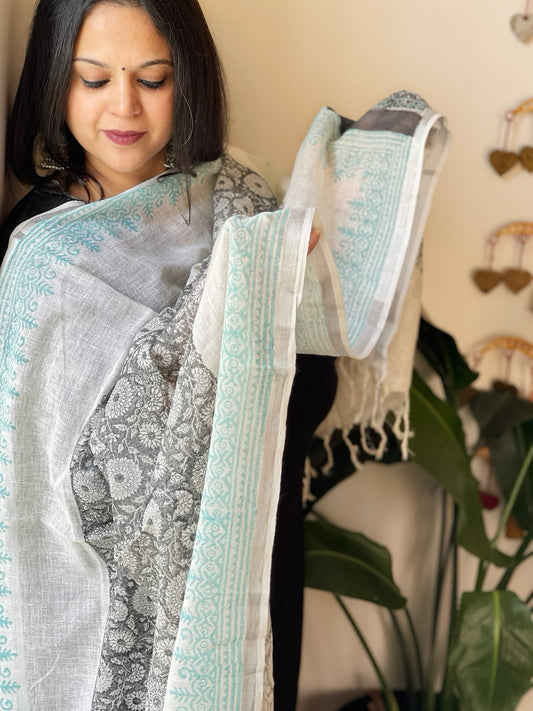 Off-White Pure Linen Handblock Printed Dupatta