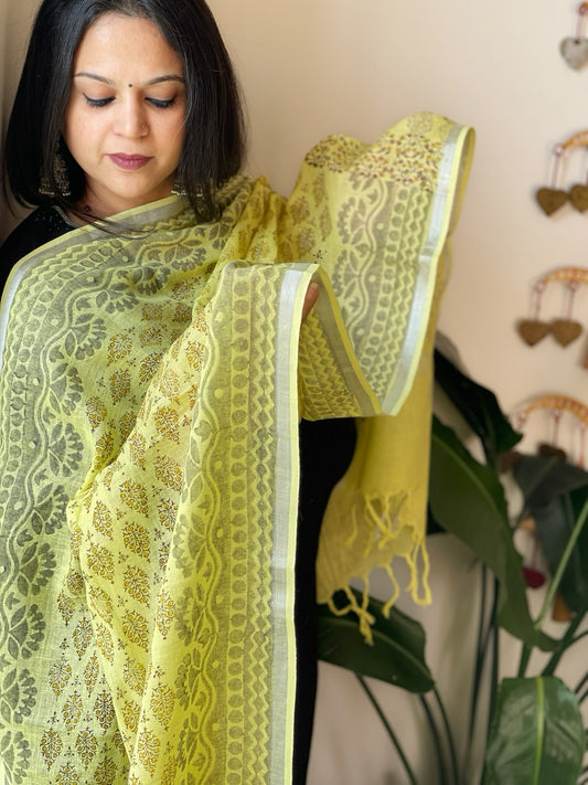 Yellow Pure Linen Handblock Printed Dupatta