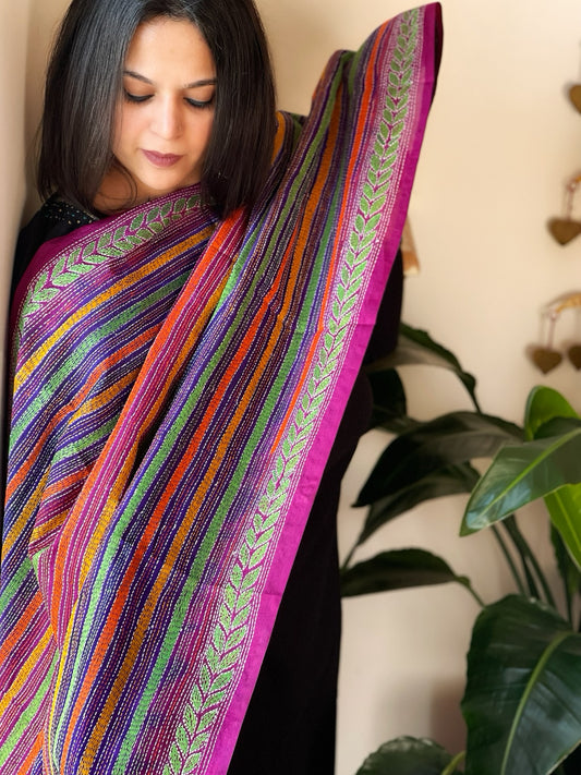 Purple, Pink Handmade Kantha Dupatta in Silk